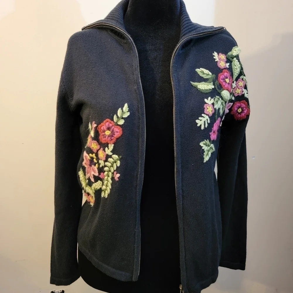 Tiara International Vintage Embroidered Zip Up Sweater Size M - Picture 2 of 7